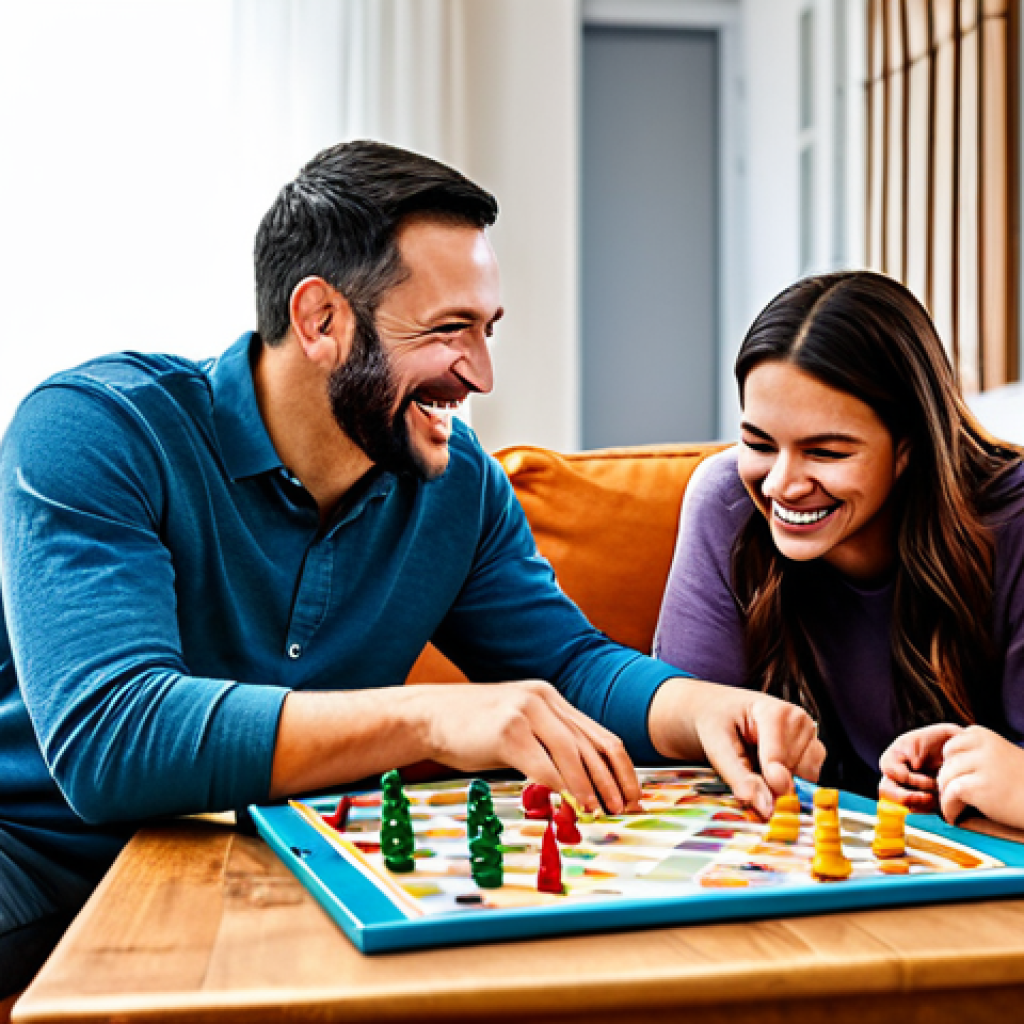 A diverse family group, including parents and children, fully clothed in modest, comfortable casual attire, gathered around a large wooden table in a brightly lit, cozy living room. They are actively playing a colorful board game, with various game components spread across the table. Everyone is smiling and laughing, engaging in lively conversation and making eye contact, showcasing warmth and genuine connection. The scene emphasizes joy and interaction, free from digital devices. Perfect anatomy, correct proportions, natural pose, well-formed hands, proper finger count, natural body proportions, professional photography, high quality, safe for work, appropriate content, family-friendly.