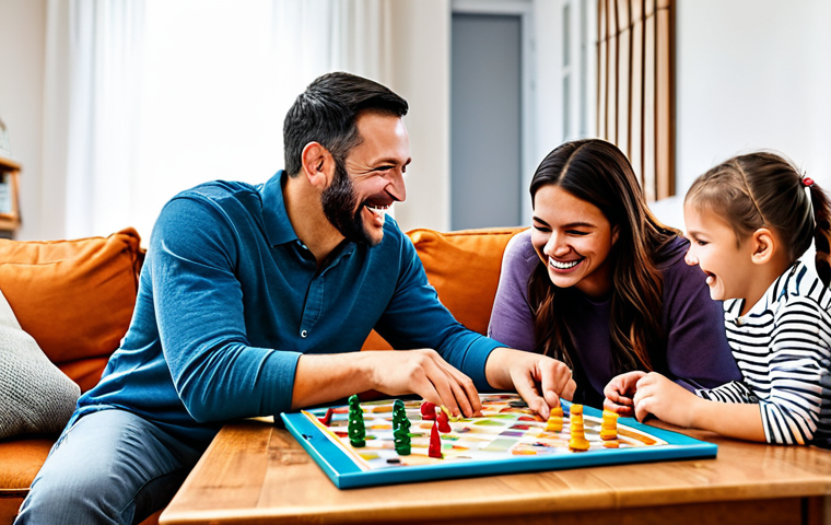 A diverse family group, including parents and children, fully clothed in modest, comfortable casual attire, gathered around a large wooden table in a brightly lit, cozy living room. They are actively playing a colorful board game, with various game components spread across the table. Everyone is smiling and laughing, engaging in lively conversation and making eye contact, showcasing warmth and genuine connection. The scene emphasizes joy and interaction, free from digital devices. Perfect anatomy, correct proportions, natural pose, well-formed hands, proper finger count, natural body proportions, professional photography, high quality, safe for work, appropriate content, family-friendly.