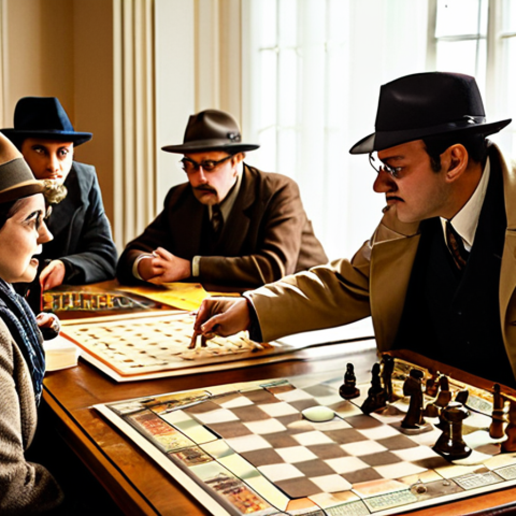 보드게임과 이벤트 기획 - A vibrant indoor board game event themed as a "Detective Agency Meeting." Participants, dressed in l...