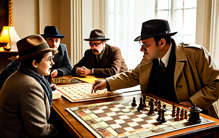 보드게임과 이벤트 기획 - A vibrant indoor board game event themed as a "Detective Agency Meeting." Participants, dressed in l...