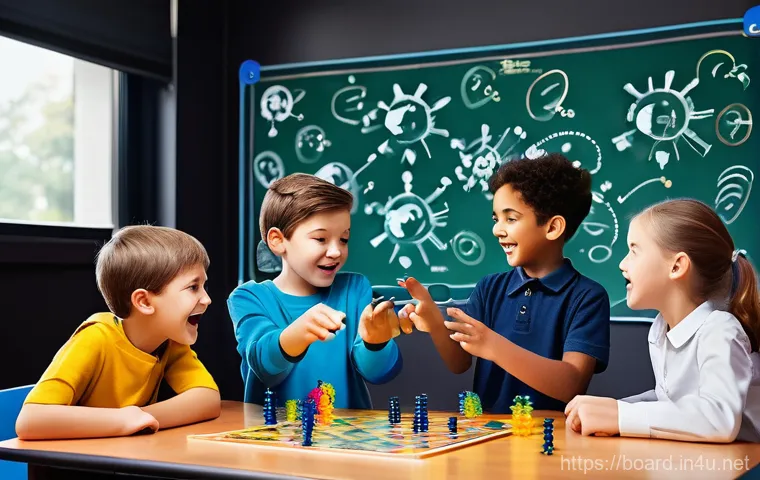 보드게임과 신경과학 - **Prompt:** A diverse group of elementary school children and adults (parents or teachers) are deepl...