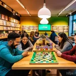 Home 4 보드게임과 글로벌 팬덤 - **Image Prompt 1: The Vibrant Social Hub of a Modern Board Game Cafe**
A wide shot of a bustling...