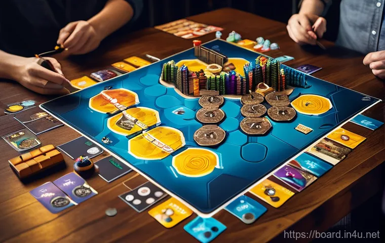 보드게임 전략 설명 - **"The Strategic Board Game Architect"**
A detailed, cinematic wide shot of a person (gender-neu...